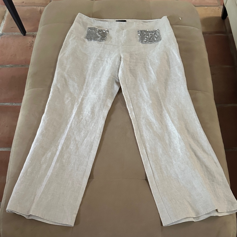 Azulu Cream Wide Leg Linen Pants with Silver Sequin Pockets